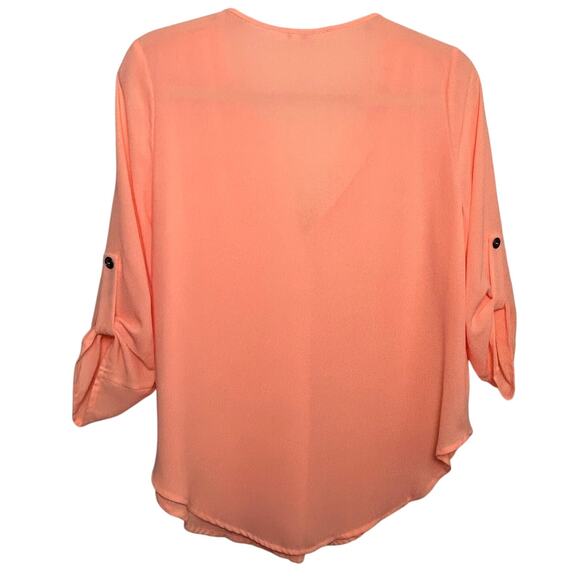 Lush Flowy Blouse M Peach Coral V Neck 3/4 Sleeve Lightweight Work Casual Top - Picture 6 of 10